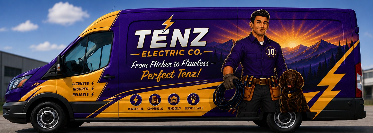 Tenz Electric Co. service van wrapped in deep purple and electric amber branding