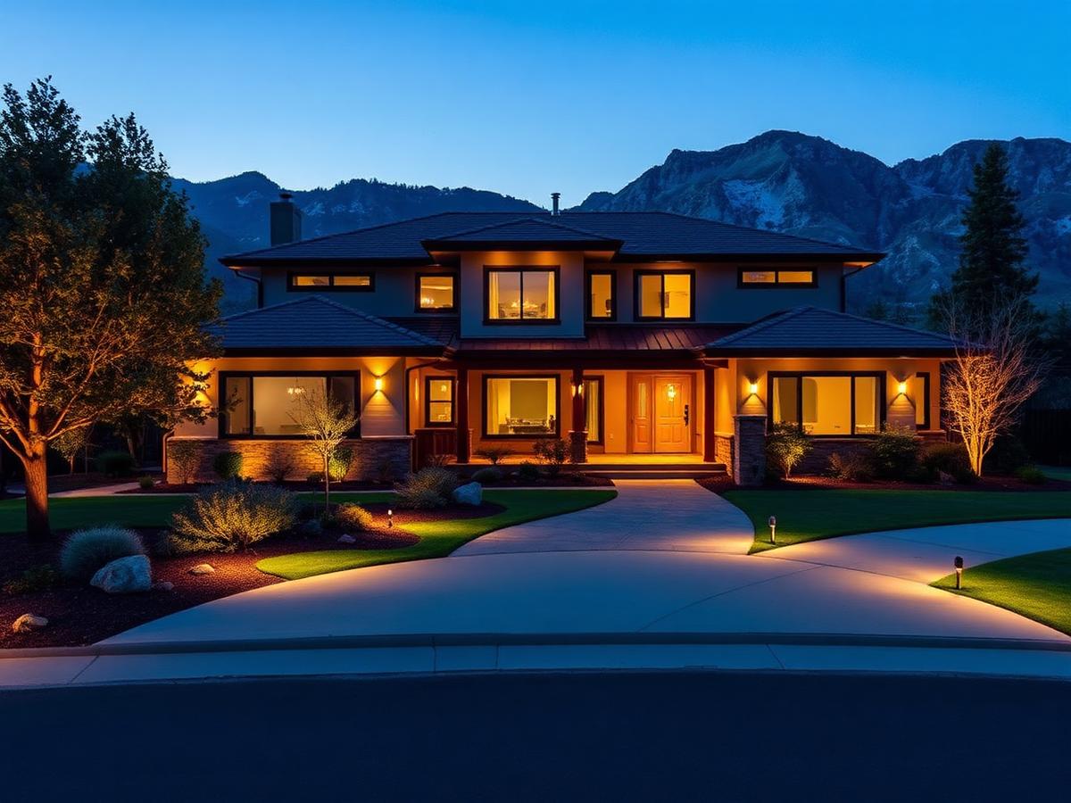 Landscape and exterior lighting installed on a Buncombe County home at dusk